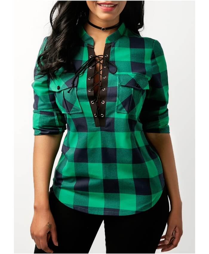 Green Lace Up Front Plaid Print Blouse